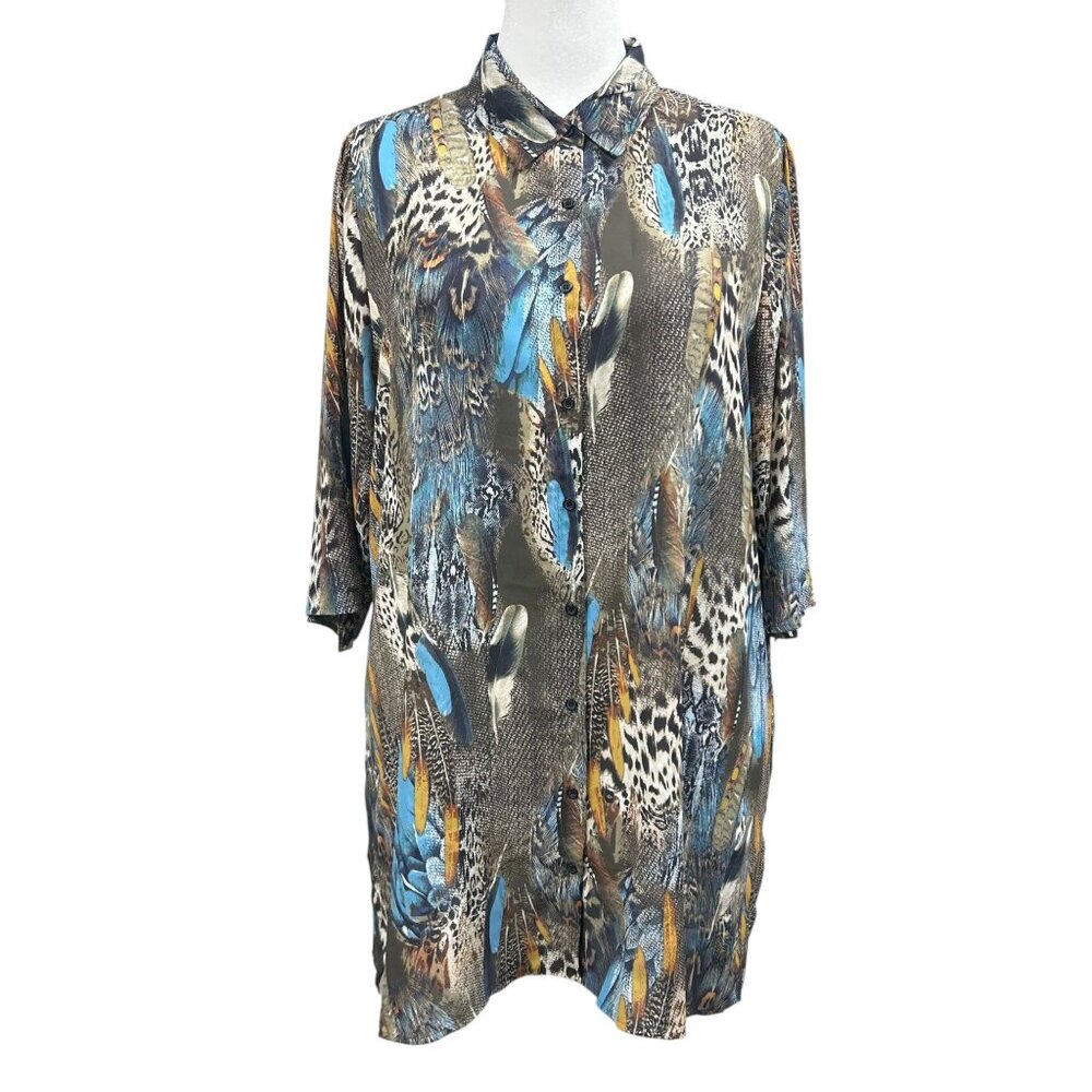 NEW Avenue Animal Feather Print Sheer Button Up Roll Tab Tunic Blouse Sz 18 / 20